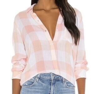 Rails Charli Pip Peach Blus White Plaid Linen Blend Button Down Shirt Large